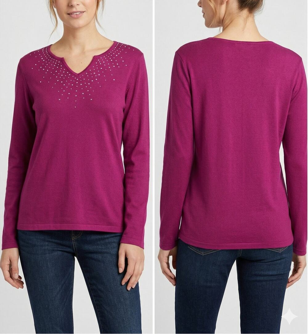Falls Creek Large Purple V Neck Cotton Poly Blend Shirt Embelleshed Jeweled